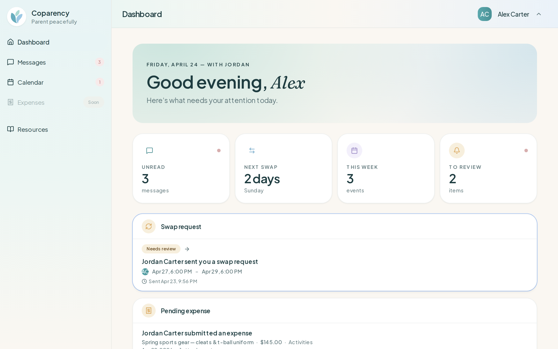 Coparency dashboard — upcoming swaps, pending expenses, and a calm overview of what needs attention today