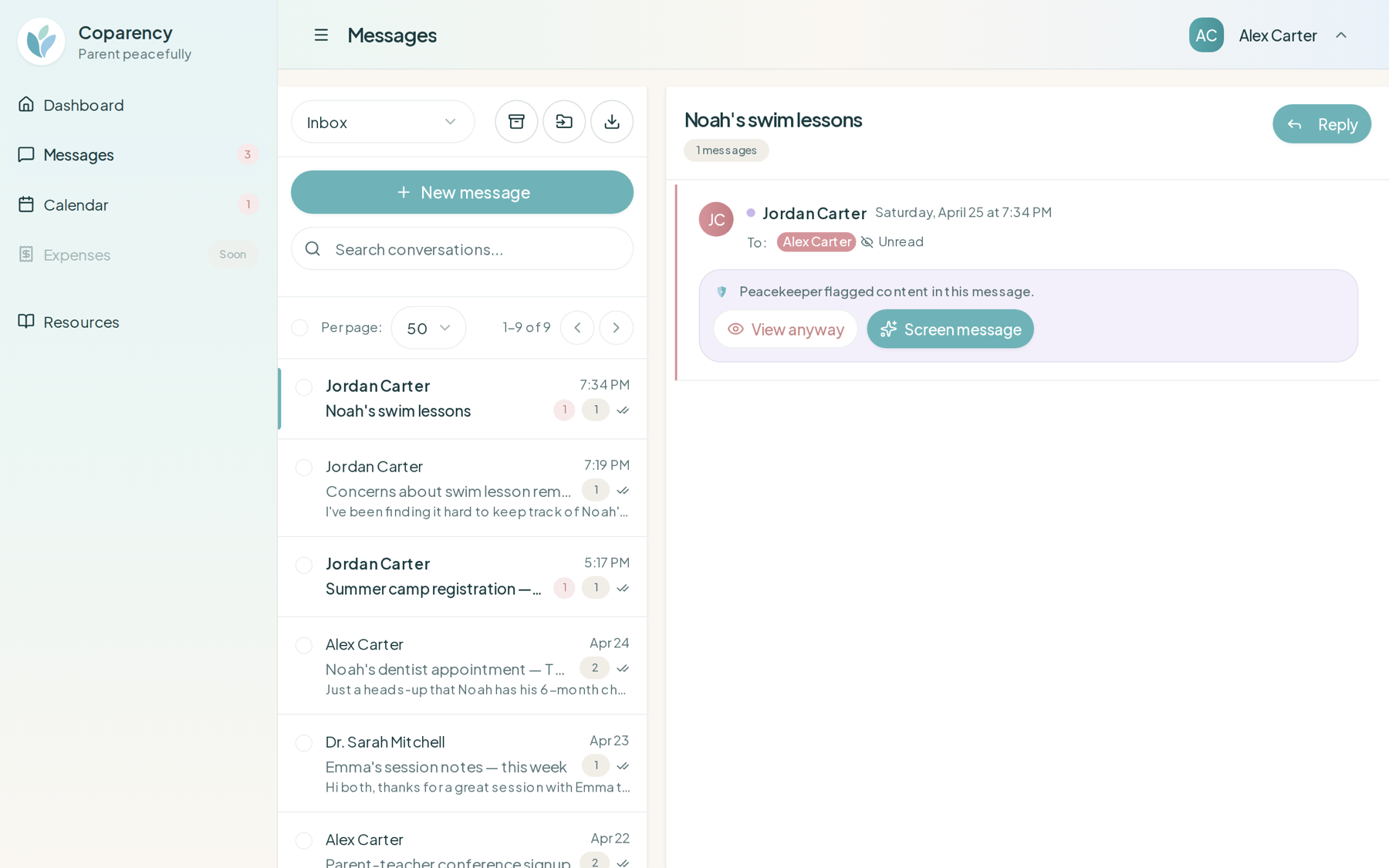 Peacekeeper AI flagging a hostile incoming message in the Coparency inbox